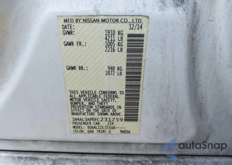 2015 Nissan Altima 2.5/2.5 S/2.5 Sl/2.5 Sv z USA, uszkodzony, nr VIN 1N4AL3AP0FC231759